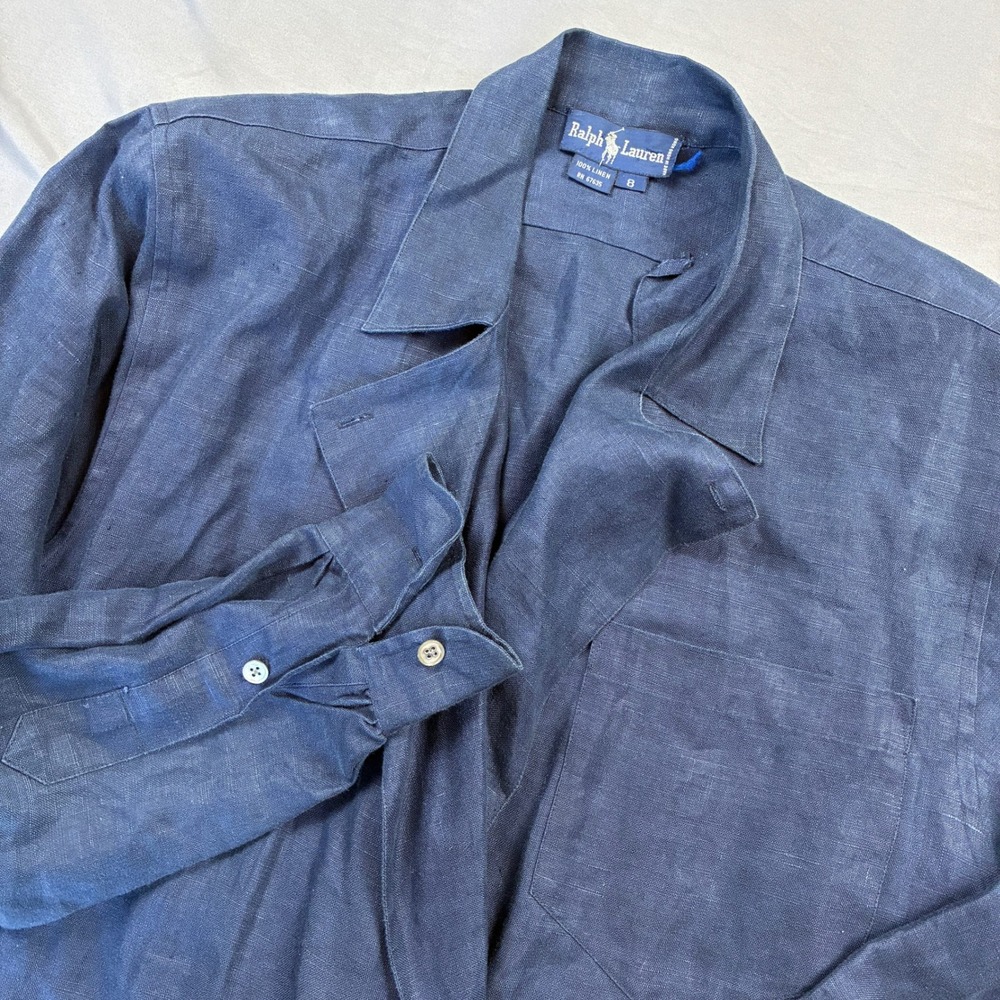 Ralph Lauren Wrap Dress Womens 8 Navy Linen Long Sleeve Coastal Maxi Casual VTG